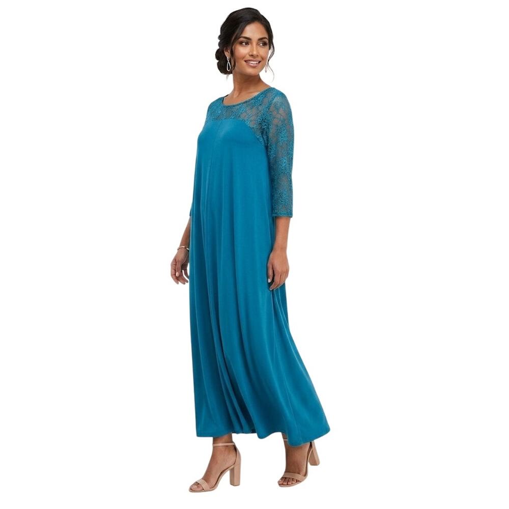 Roaman's Plus Size Lace Swing Dress Deep Teal Ultrasmooth Fabric Illusion 1XL